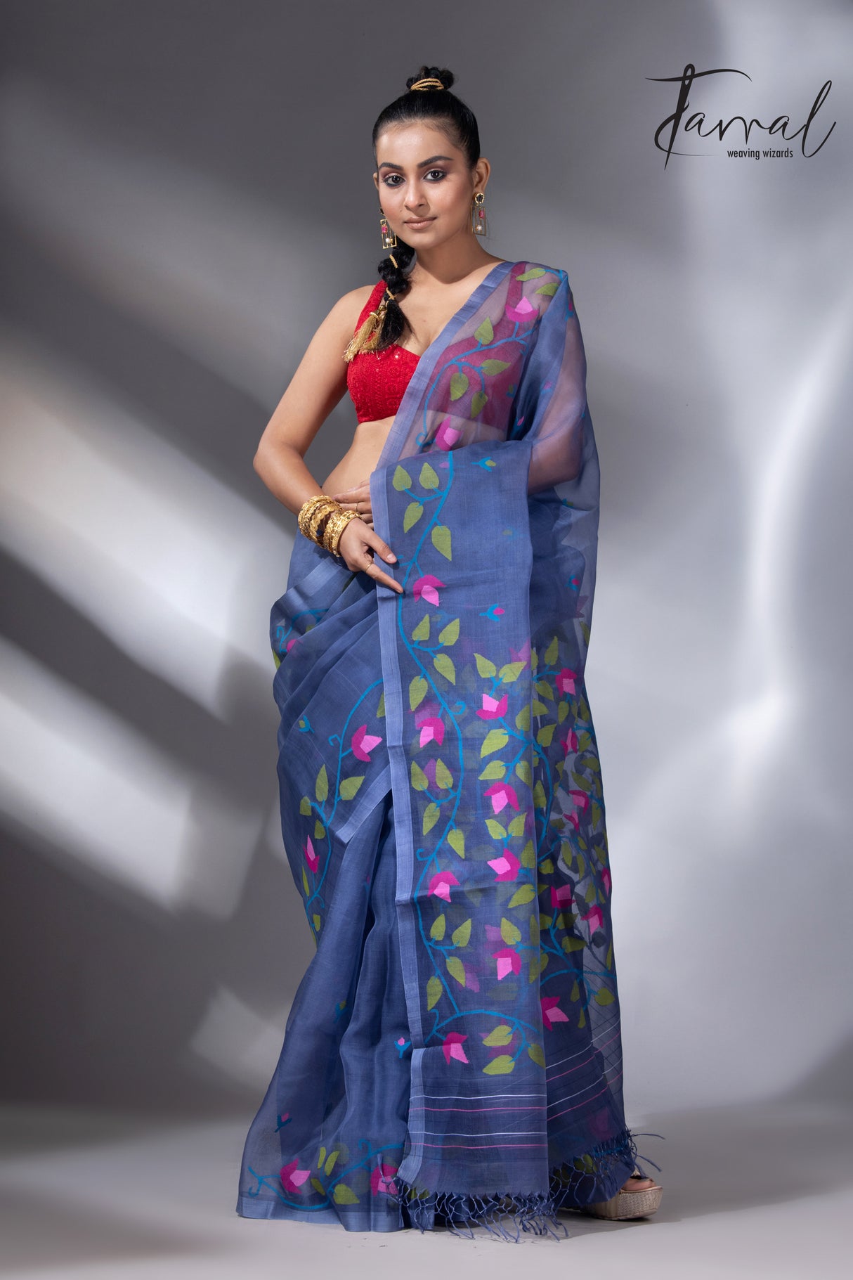 Indigo with multi colour muslin silk floral handwoven jamdani saree