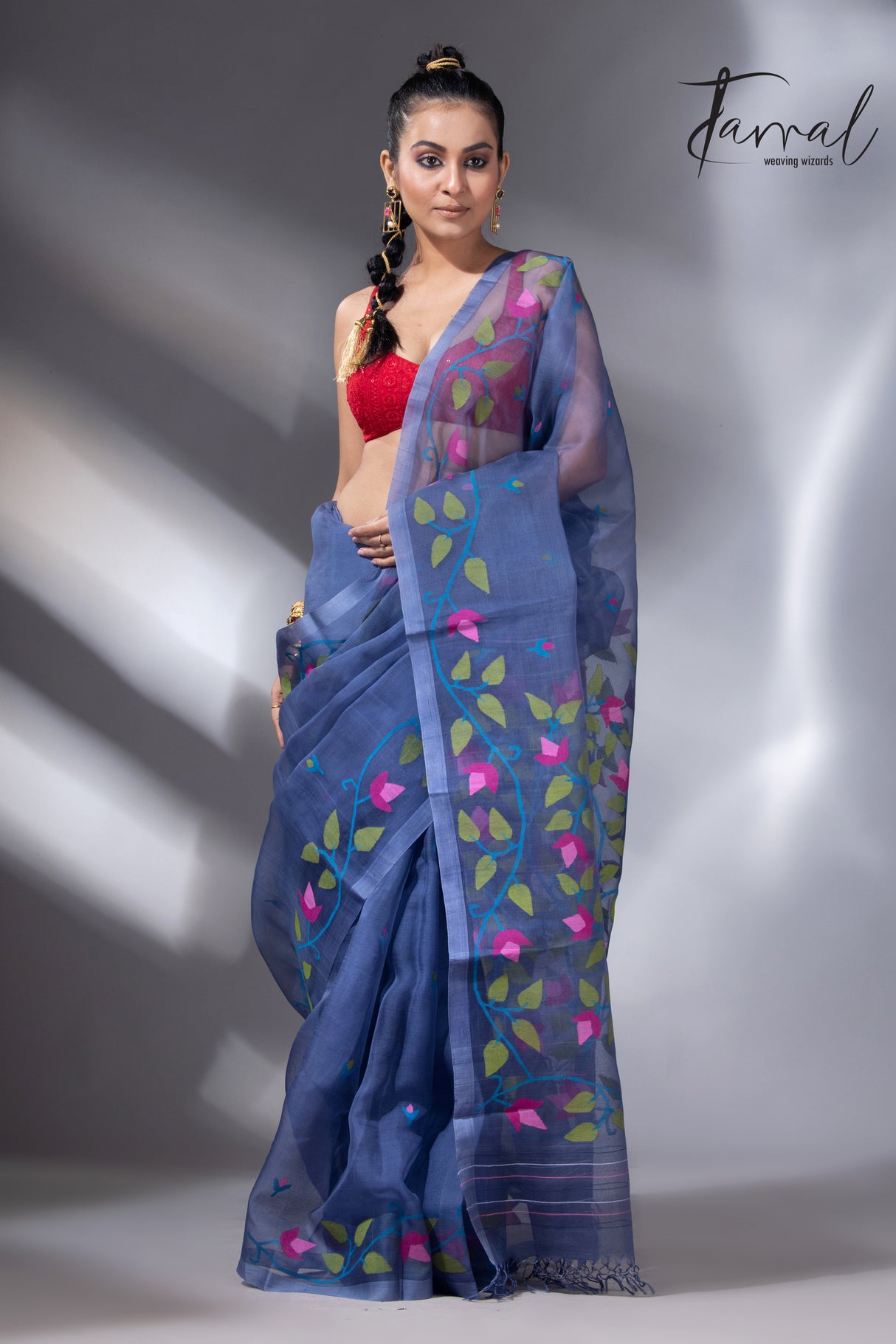 Indigo with multi colour muslin silk floral handwoven jamdani saree