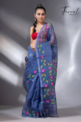 Indigo with multi colour muslin silk floral handwoven jamdani saree