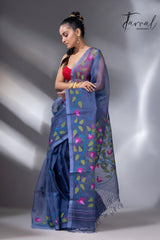 Indigo with multi colour muslin silk floral handwoven jamdani saree