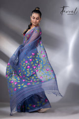 Indigo with multi colour muslin silk floral handwoven jamdani saree