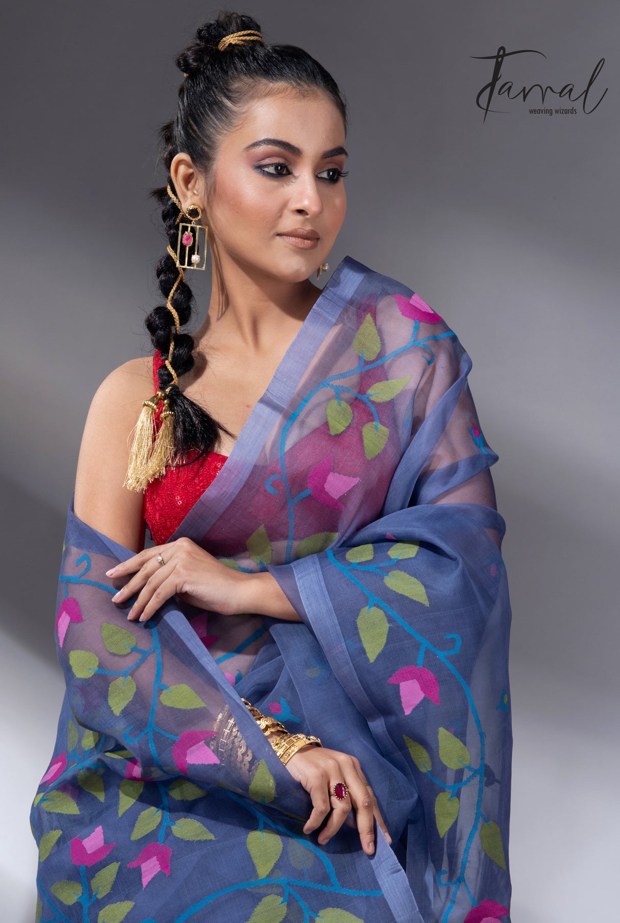 Indigo with multi colour muslin silk floral handwoven jamdani saree