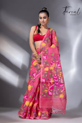 Kasmiri pink allover floral handwoven muslin silk jamdani saree