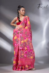 Kasmiri pink allover floral handwoven muslin silk jamdani saree