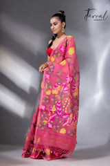 Kasmiri pink allover floral handwoven muslin silk jamdani saree