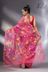 Kasmiri pink allover floral handwoven muslin silk jamdani saree