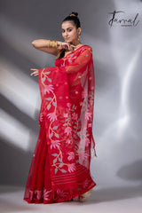 Sweet red floral border handwoven muslin silk jamdani saree