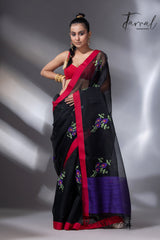 Black with red border nilkanta floral motifs handwoven muslin silk jamdani saree