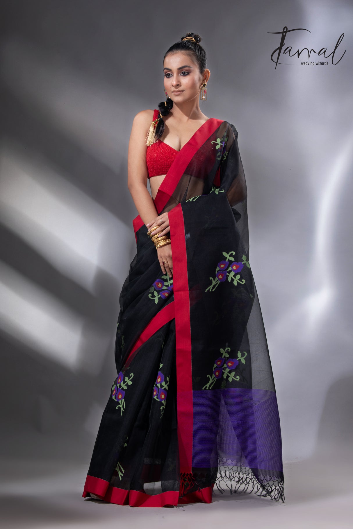 Black with red border nilkanta floral motifs handwoven muslin silk jamdani saree