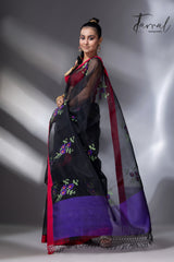 Black with red border nilkanta floral motifs handwoven muslin silk jamdani saree