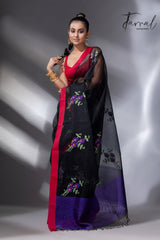 Black with red border nilkanta floral motifs handwoven muslin silk jamdani saree