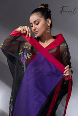 Black with red border nilkanta floral motifs handwoven muslin silk jamdani saree