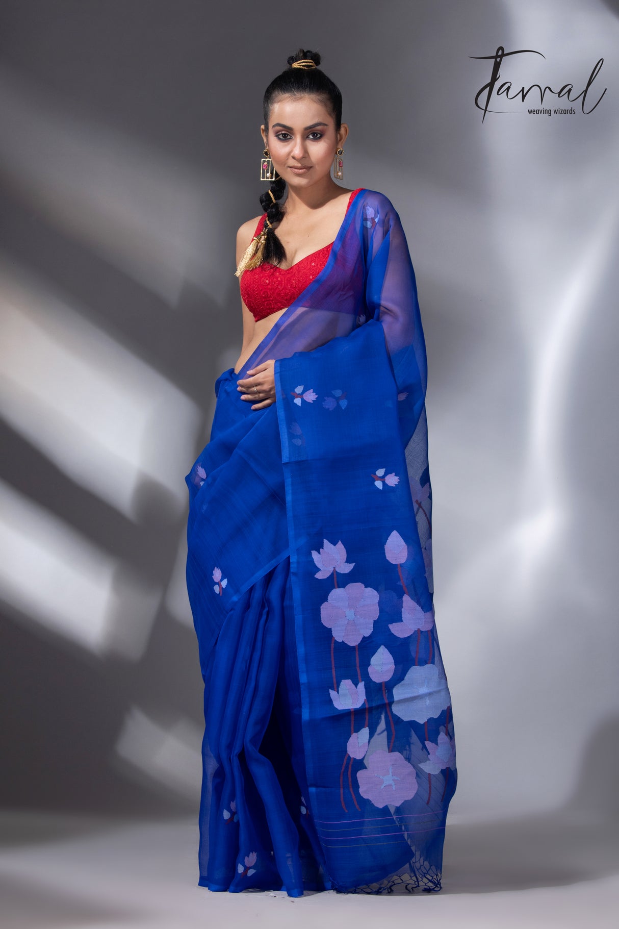 Indigo lotus pallu handwoven muslin silk jamdani saree