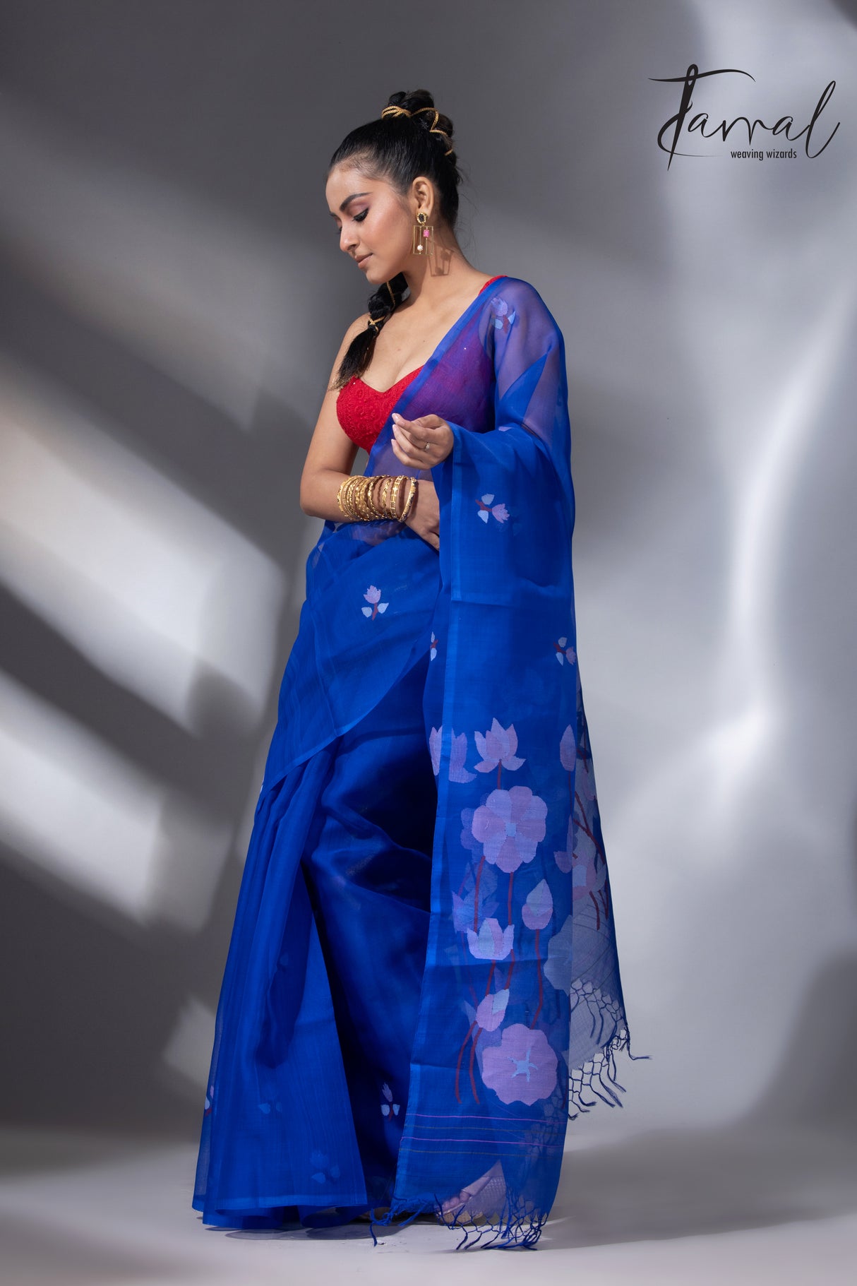 Indigo lotus pallu handwoven muslin silk jamdani saree