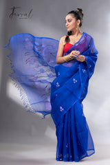 Indigo lotus pallu handwoven muslin silk jamdani saree