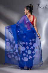 Indigo lotus pallu handwoven muslin silk jamdani saree