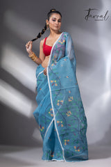 Cloudy blue with floral border muslin silk handwoven jamdani saree