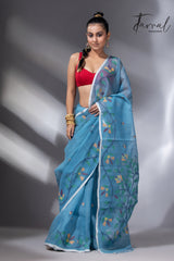 Cloudy blue with floral border muslin silk handwoven jamdani saree