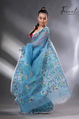 Cloudy blue with floral border muslin silk handwoven jamdani saree