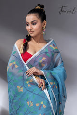 Cloudy blue with floral border muslin silk handwoven jamdani saree