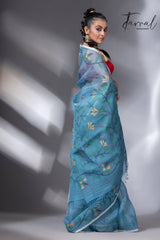 Cloudy blue with floral border muslin silk handwoven jamdani saree