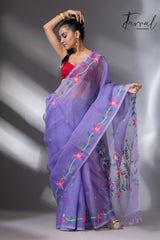 Light lavender colour floral muslin silk handwoven jamdani saree