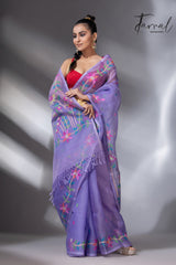 Light lavender colour floral muslin silk handwoven jamdani saree