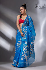 Peacock blue floral border muslin silk handwoven jamdani saree