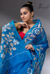 Peacock blue floral border muslin silk handwoven jamdani saree