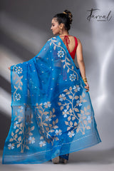 Peacock blue floral border muslin silk handwoven jamdani saree