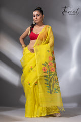 Yellow with multicolour floral pallu muslin silk handwoven jamdani saree