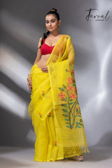 Yellow with multicolour floral pallu muslin silk handwoven jamdani saree