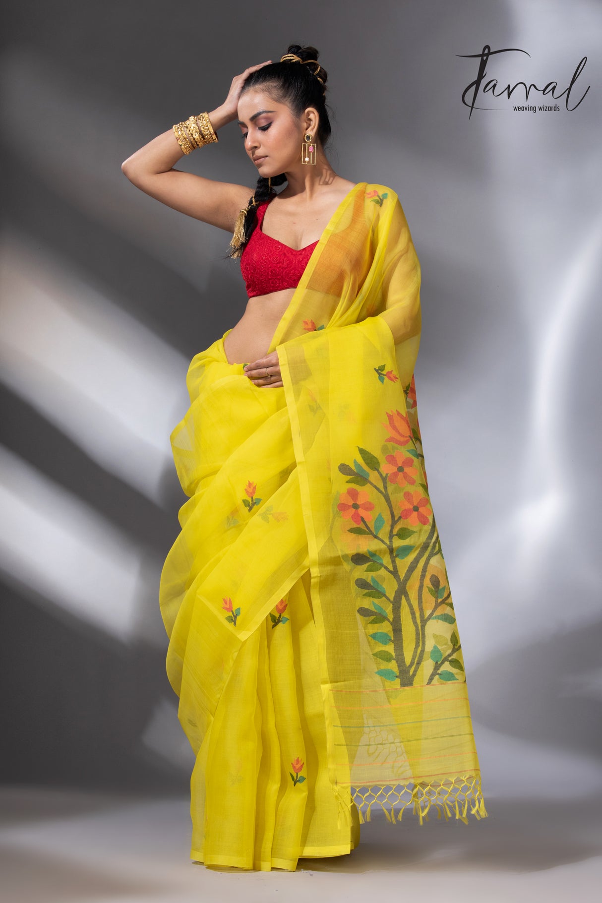 Yellow with multicolour floral pallu muslin silk handwoven jamdani saree