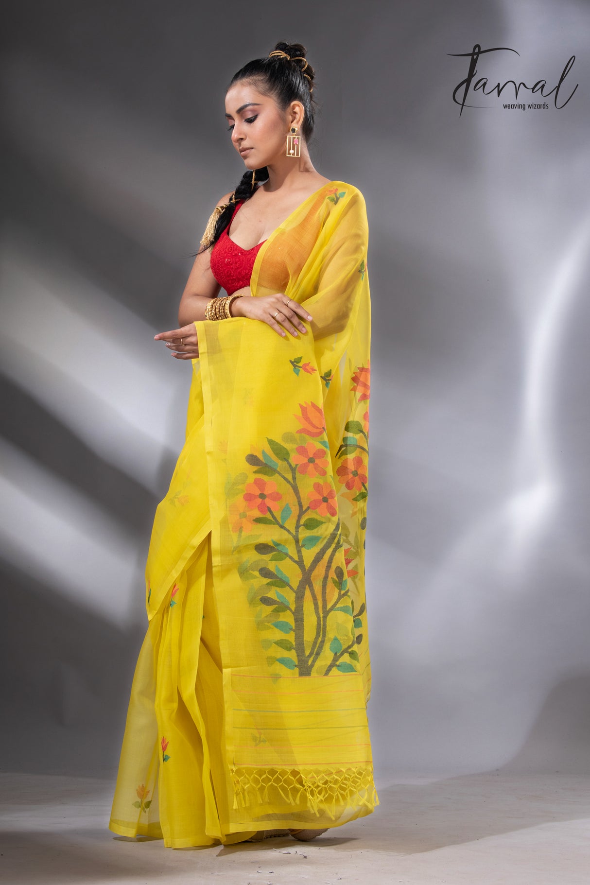 Yellow with multicolour floral pallu muslin silk handwoven jamdani saree