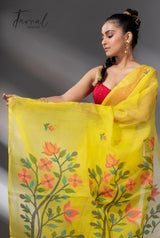 Yellow with multicolour floral pallu muslin silk handwoven jamdani saree