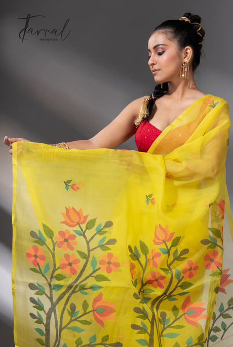 Yellow with multicolour floral pallu muslin silk handwoven jamdani saree