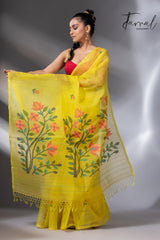 Yellow with multicolour floral pallu muslin silk handwoven jamdani saree