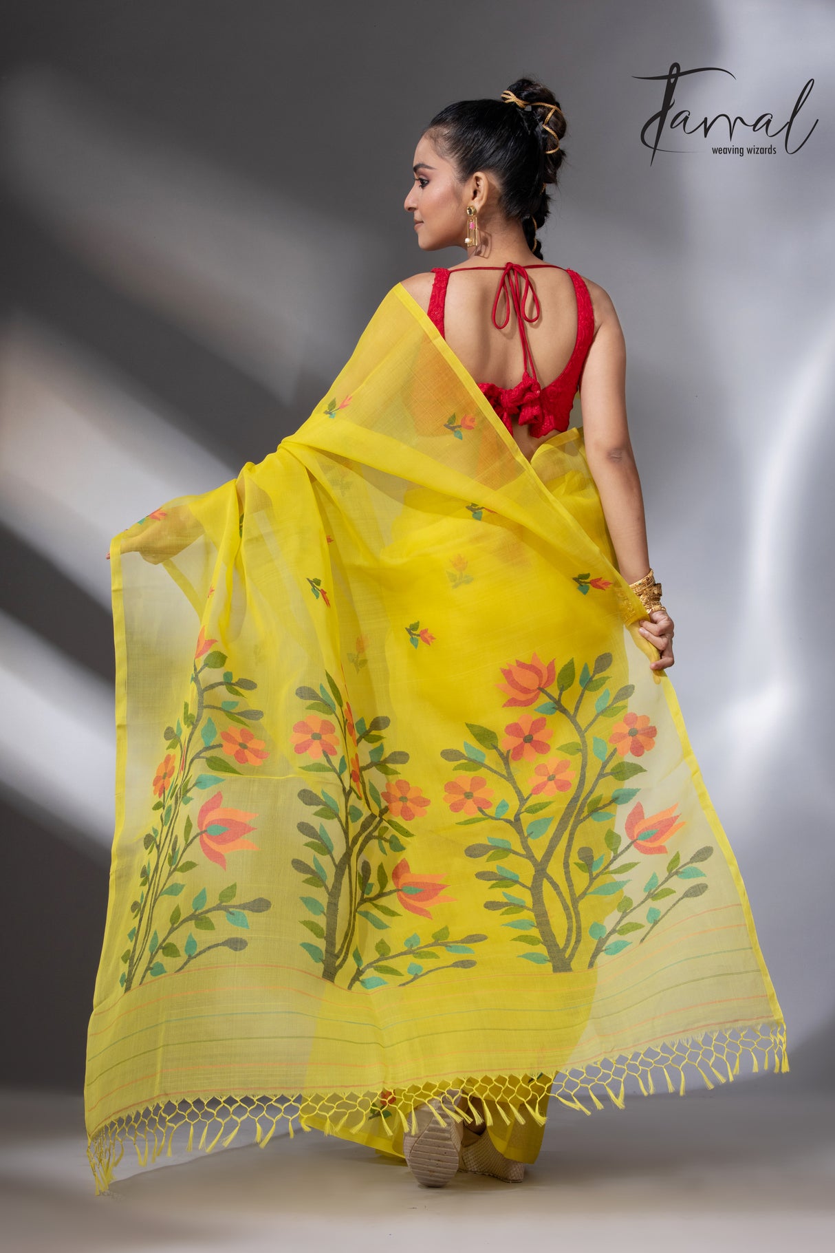 Yellow with multicolour floral pallu muslin silk handwoven jamdani saree