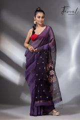 Deep Magenta silk linen handwoven jamdani saree