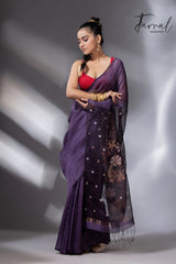 Deep Magenta silk linen handwoven jamdani saree