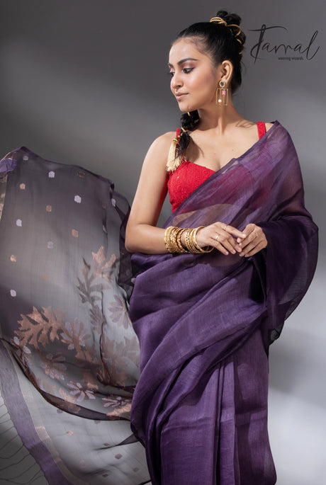 Deep Magenta silk linen handwoven jamdani saree