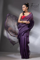 Deep Magenta silk linen handwoven jamdani saree