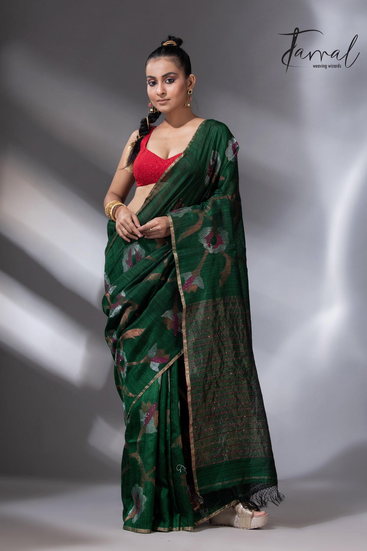 Emerald Zari Elegance allover matka silk handwoven jamdani saree