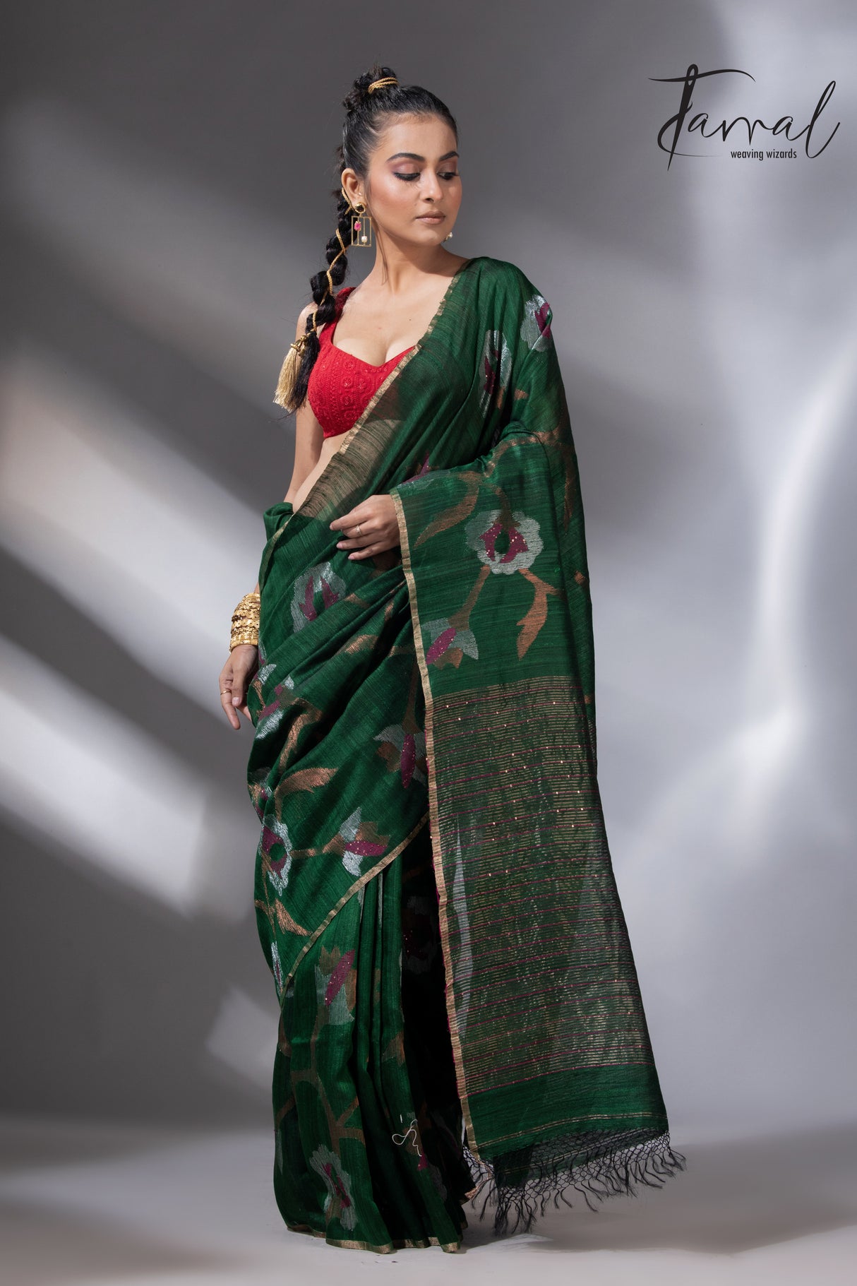 Emerald Zari Elegance allover matka silk handwoven jamdani saree