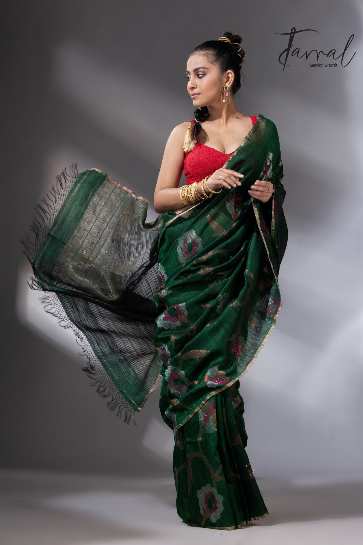 Emerald Zari Elegance allover matka silk handwoven jamdani saree