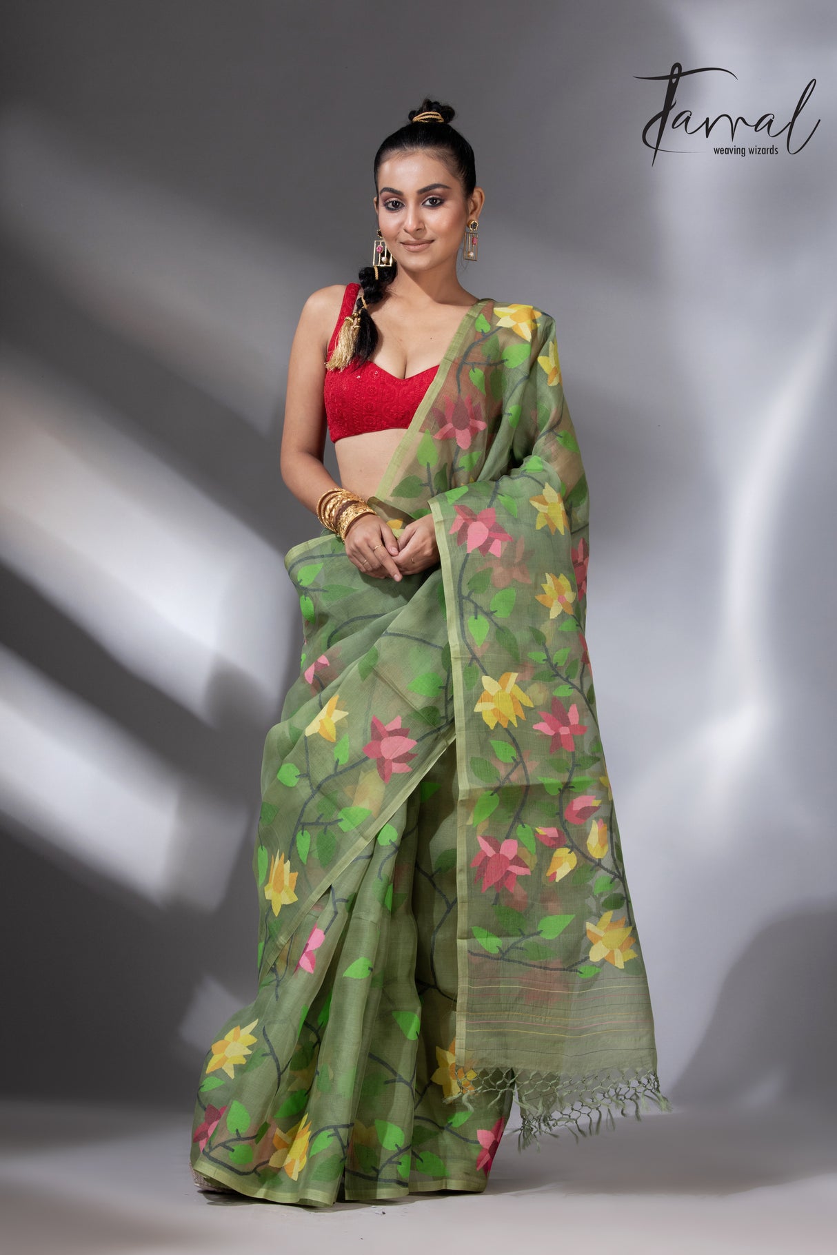 Mos green with multicolour 108 lotus motifs handwoven muslin silk jamdani saree