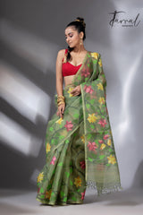 Mos green with multicolour 108 lotus motifs handwoven muslin silk jamdani saree