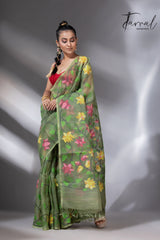 Mos green with multicolour 108 lotus motifs handwoven muslin silk jamdani saree