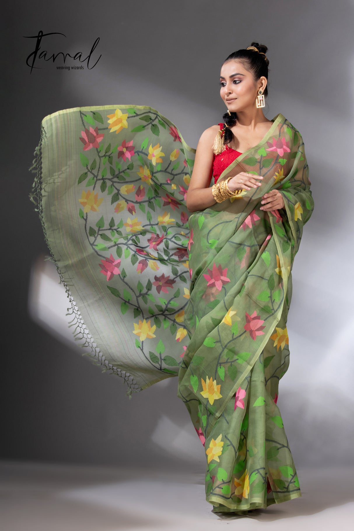 Mos green with multicolour 108 lotus motifs handwoven muslin silk jamdani saree