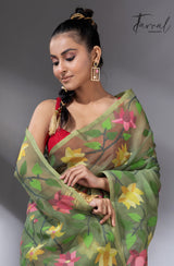 Mos green with multicolour 108 lotus motifs handwoven muslin silk jamdani saree